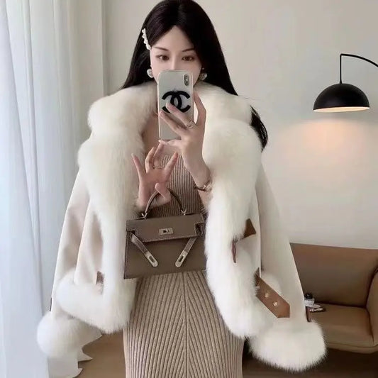 Women Imitation Fox Fur Turn Down Collar Suede Jacket Faux Mink Fur Collar Coat Fur Quilted Coat Cotton Padded Inner Parka Tops