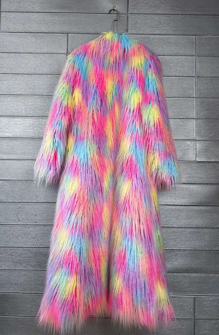 DEAT 2025 Winter New Items Imitation Colorful Long Coat For Women Faux Fur Suit Collar Long Sleeve Trench Jacket Female 11A05577