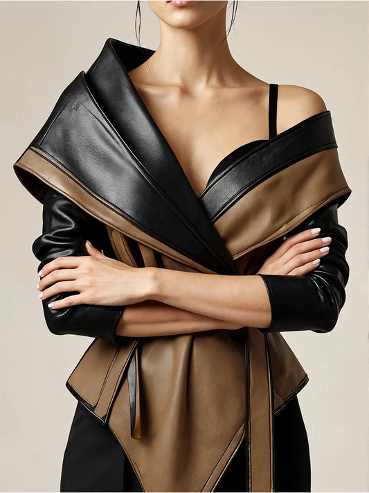 PU Faux Leather Jacket for Women's One Shoulder Splice Irregular Hem Long Sleeve Leather Coat Casual Vintage Y2K Outerwear