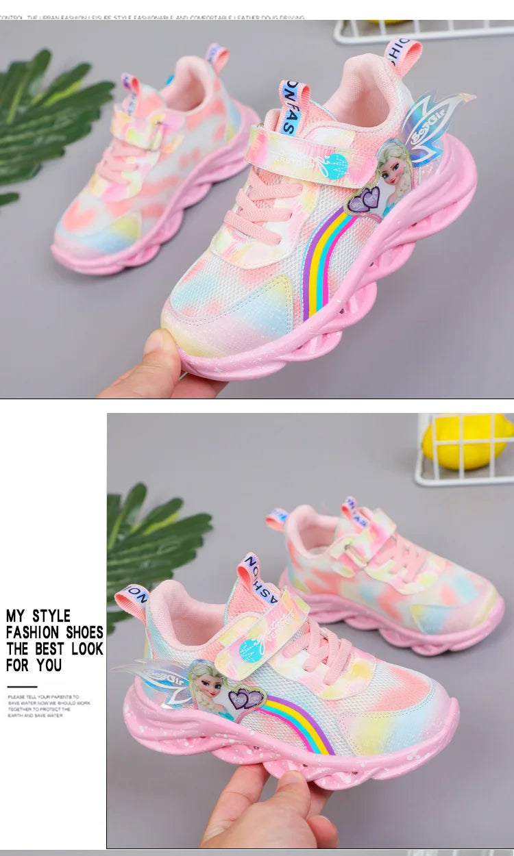 Disney Girls' Casual Shoes Led Lights Mesh Breathable Children's Sports  Princess Elsa Pink Purple Shoes Sneakers Size 22-37