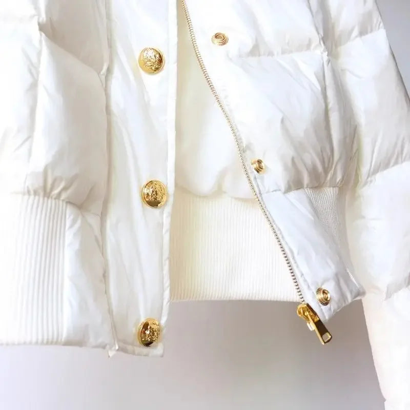 High-end Korean Short Winter Jacket Women Stand-up Collar Warm Parka Puffer Jacket Light Coat Outdoor Windproof Outerwear Button