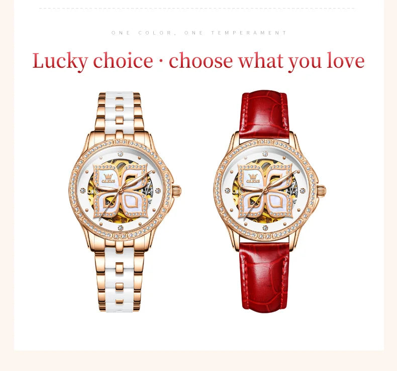 OLEVS 6612 Womens Watch Elegant Fashion Bezel Ceramic Strap Original Mechanical Watch Waterproof Luminous Butterfly Dial Ladies
