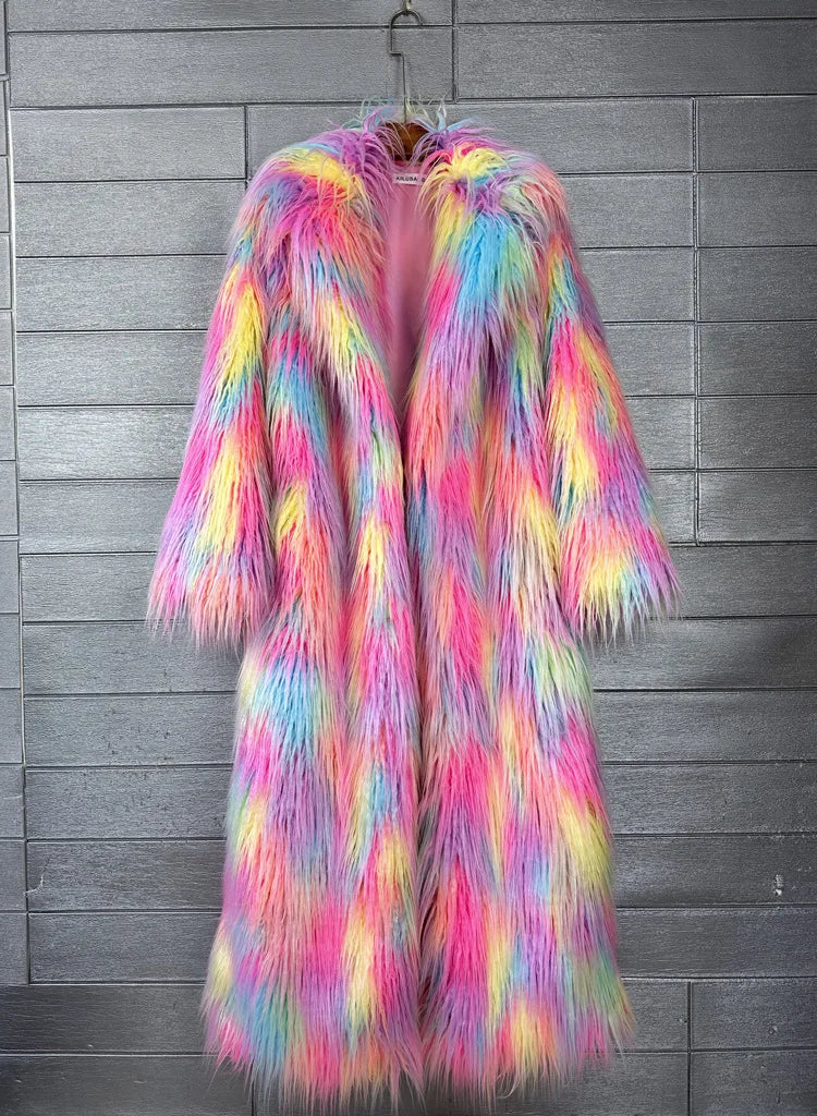 DEAT 2025 Winter New Items Imitation Colorful Long Coat For Women Faux Fur Suit Collar Long Sleeve Trench Jacket Female 11A05577