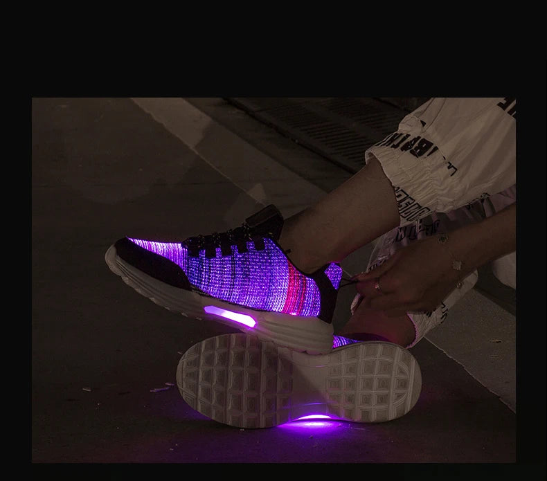 Men Fashion LED Shoes Light Up Sneakers USB Recharging Fiber OPTIC Cloth Elastic Sole Glowing Luminous Flashing Casual Shoes