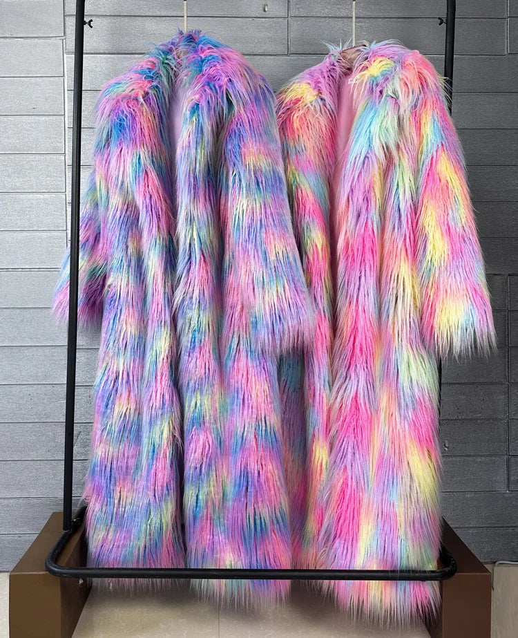 DEAT 2025 Winter New Items Imitation Colorful Long Coat For Women Faux Fur Suit Collar Long Sleeve Trench Jacket Female 11A05577