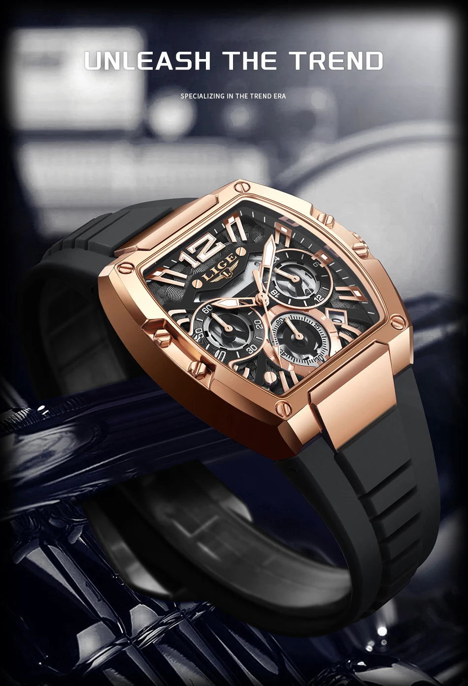 LIGE Sports Man Watch Tonnea Hollow Design Quartz Men Wristwatches Chronograph Waterproof Luminous Silicone Strap Watches Male