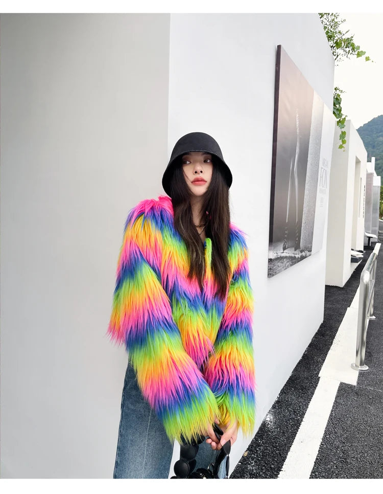 Women's Winter Rainbow Faux Fur Coat Lady Streetwear O Neck Long Sleeve Loose Fuzzy Warm Loose Outwear