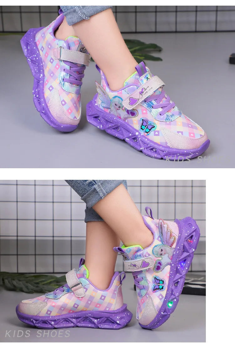 Disney Children's Sports Shoes Led Lights Sneaker Cartoon Frozen Princess  Elsa PU Leather Girls' Pink Children's Running Shoes