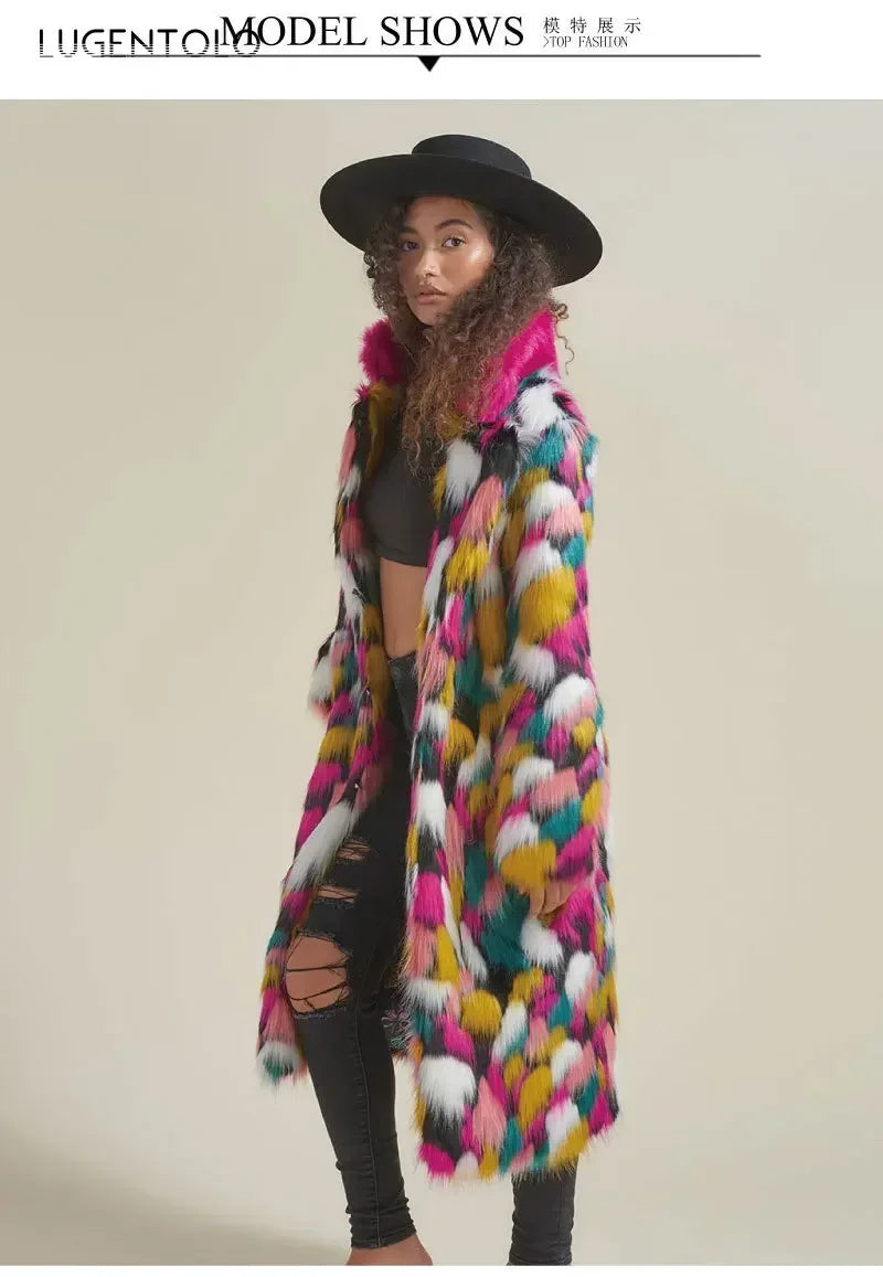 Women Faux Fur Long Coat Rainbow Colorful Faux Fox Fur Autumn Winter Lady Fashion Street Warm Quality 2023 Cloth Lugentolo