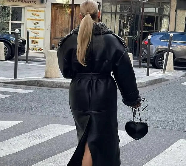 Faux Fur Leather Long Jacket Women Lapel Long Sleeve Belt Thicken Female Coats Winter Fashion Street Patchwork Lady Outwear