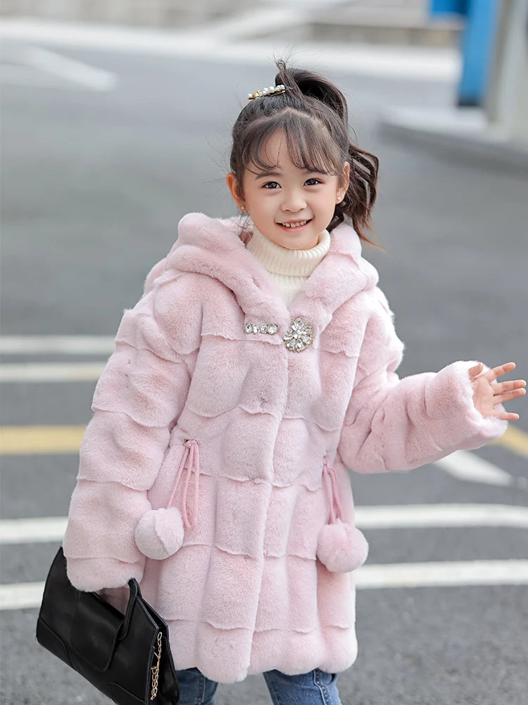 Girls Faux Mink Fur Coat Winter Children Girls Long Sleeve Hooded Christmas Jacket Super Warm  Kids Girls Coat Girls Outerwear