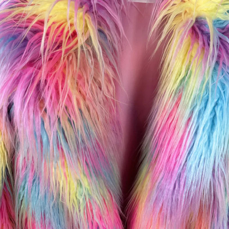 DEAT 2025 Winter New Items Imitation Colorful Long Coat For Women Faux Fur Suit Collar Long Sleeve Trench Jacket Female 11A05577