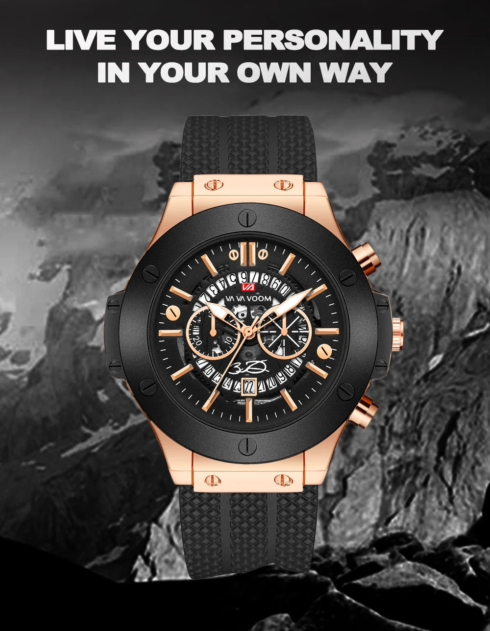 Black Silicone Mens Hand 46mm Hollowed Out Large Dial Rose Gold Fashionable Military Style Original Quartz Movement Sports Watch