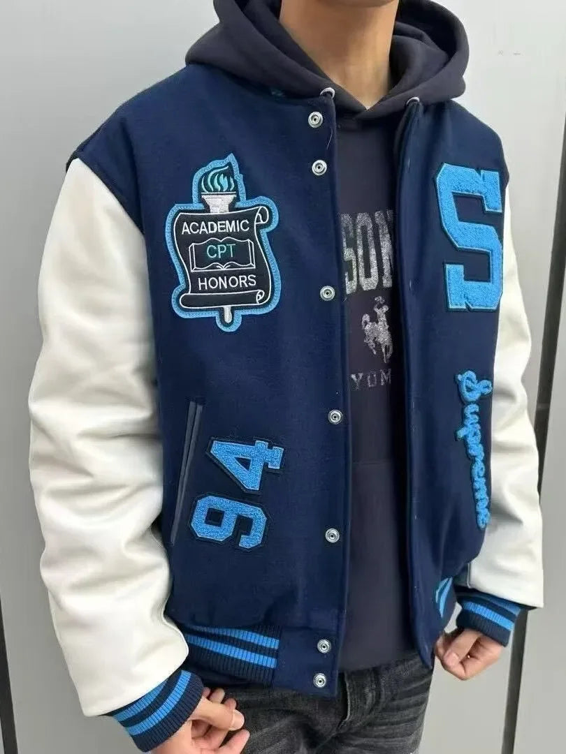 Embroidery Baseball Jacket for Men Streetwear Varisity Jacket Splicing PU Leather Sleeves Women Bomber Jacket Unisex Men Clothes