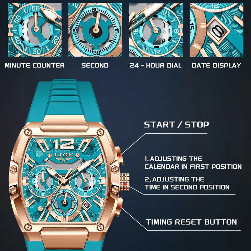 LIGE Sports Man Watch Tonnea Hollow Design Quartz Men Wristwatches Chronograph Waterproof Luminous Silicone Strap Watches Male