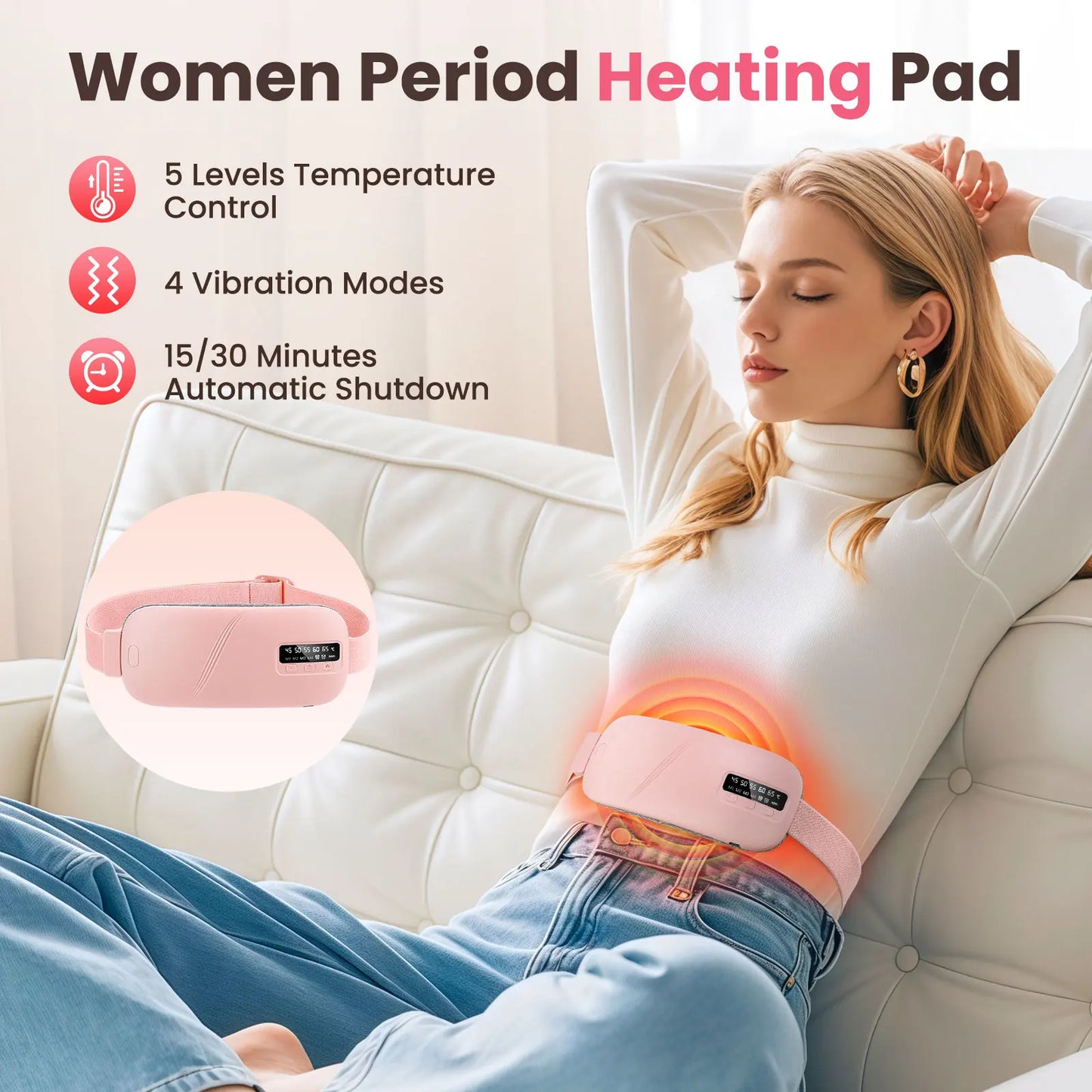 Women’s Period Pain Relief Belt Fast Heating 45-65°C 4 Adjustable Vibration Portable Menstrual Massager for Stomach/Back Pain