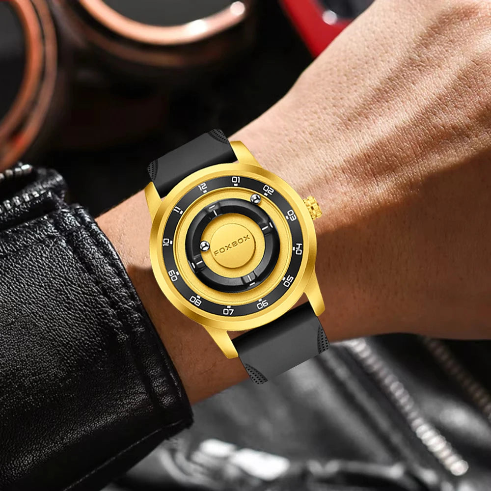 FOXBOX Unique Dial Quartz Man Watch Fashion Casual Sport Silicone Srolling Beads Clock Magnetic Force Waterproof Watches for Men
