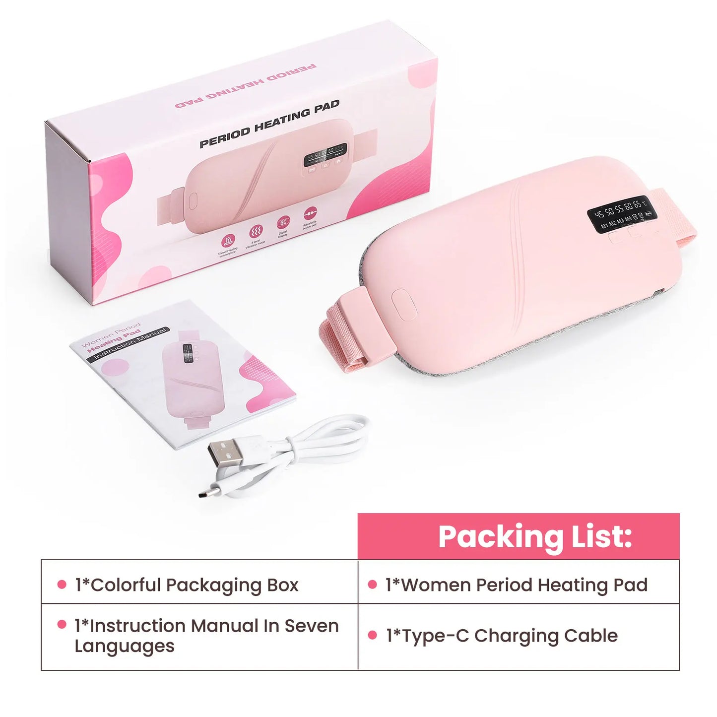 Women’s Period Pain Relief Belt Fast Heating 45-65°C 4 Adjustable Vibration Portable Menstrual Massager for Stomach/Back Pain