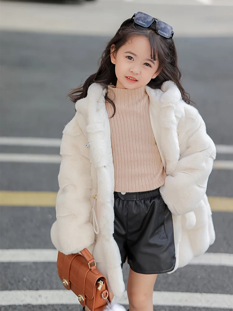 Girls Faux Mink Fur Coat Winter Children Girls Long Sleeve Hooded Christmas Jacket Super Warm  Kids Girls Coat Girls Outerwear