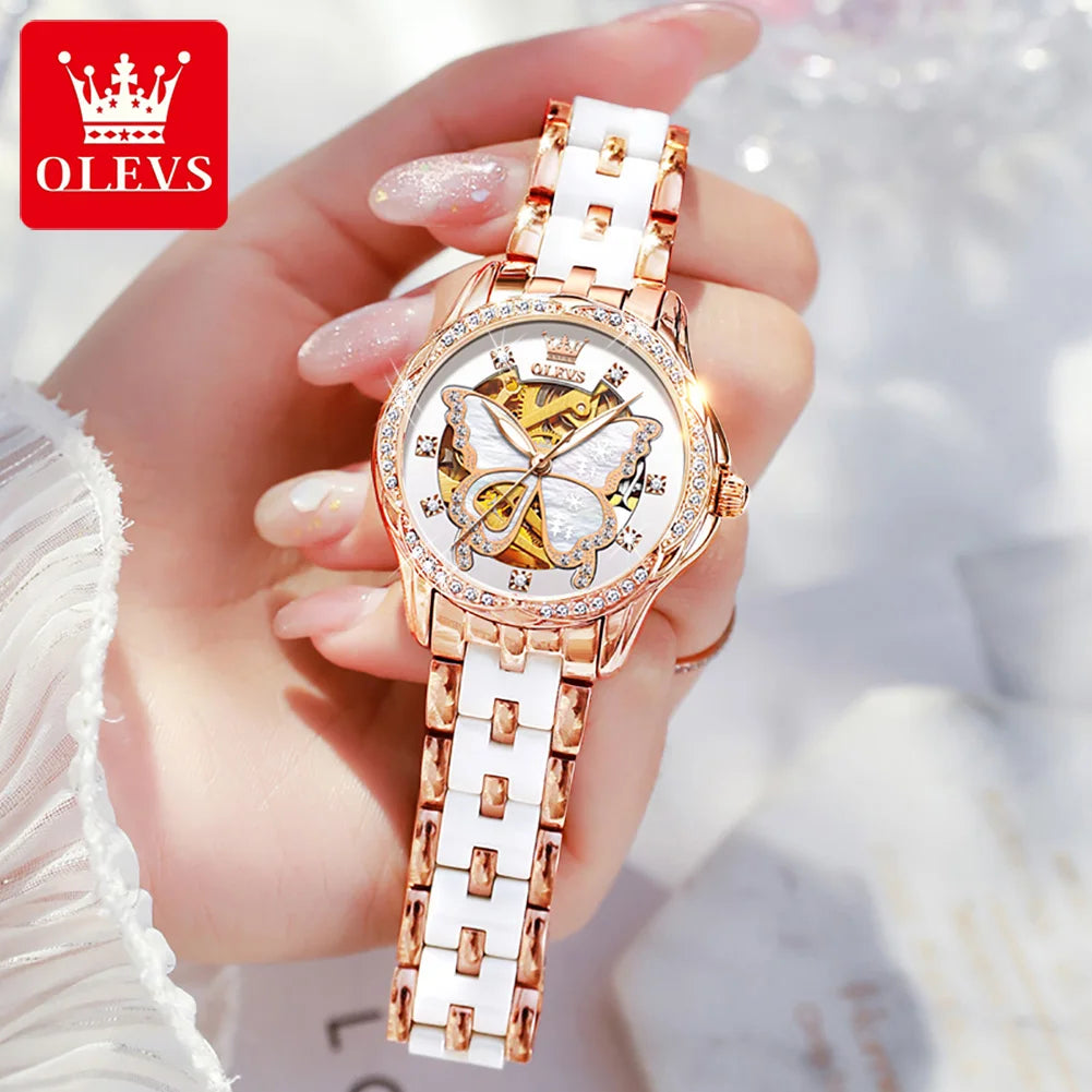 OLEVS 6622 Women's Watch Butterfly Dial Luxury Waterproof Mechanical Watch For Women Hollow Ceramic Strap Automatic Wristwatch