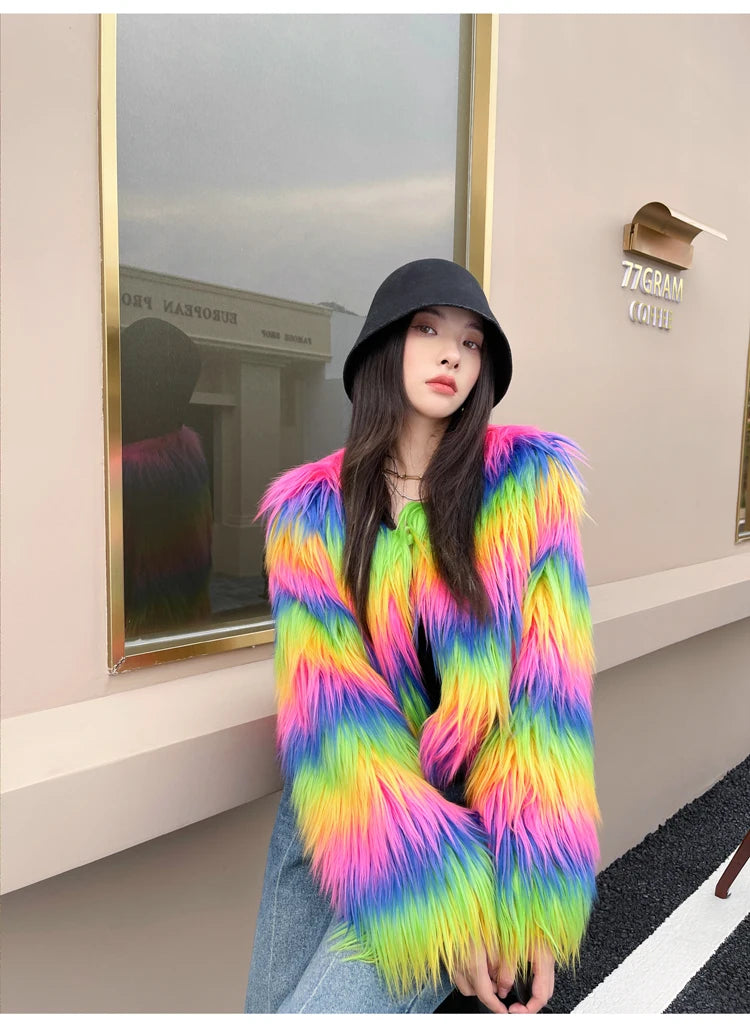 Women's Winter Rainbow Faux Fur Coat Lady Streetwear O Neck Long Sleeve Loose Fuzzy Warm Loose Outwear
