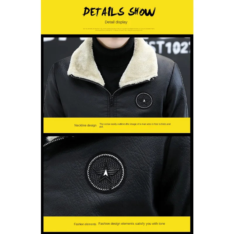 2026 Men's PU Leather Jacket Slim Fit Fur Collar Motorcycle Biker Jacket Warm Winter Coat for Men Windproof Zipper
