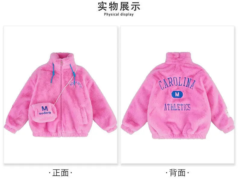 Fake Fur Girls Jacket Winter New Solid Color Letter Print Padded Lining Thick Warm Plush Coats For 5-12Y Kids Fashion Overcoat
