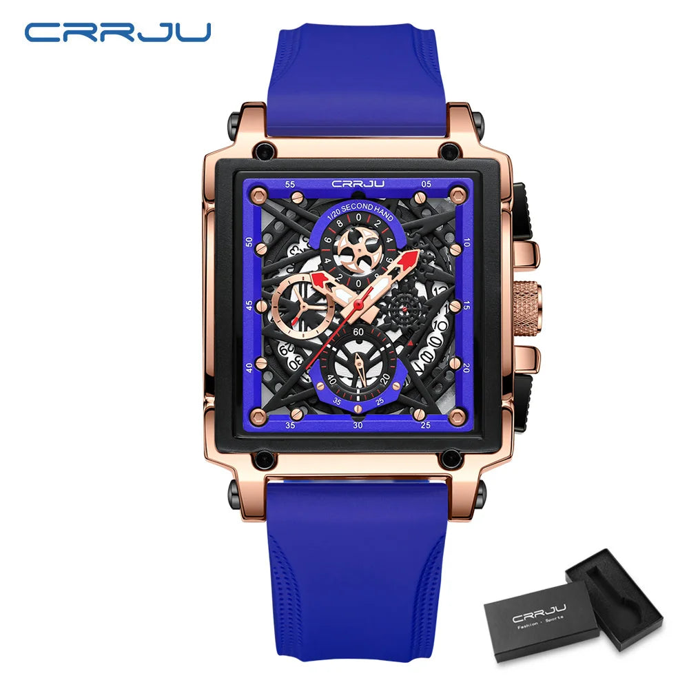 CRRJU Men's Sports Chronograph Wrist Watch For Men Army Silicone strap Square Quartz Stop Watch Clock Man Relogios Masculino