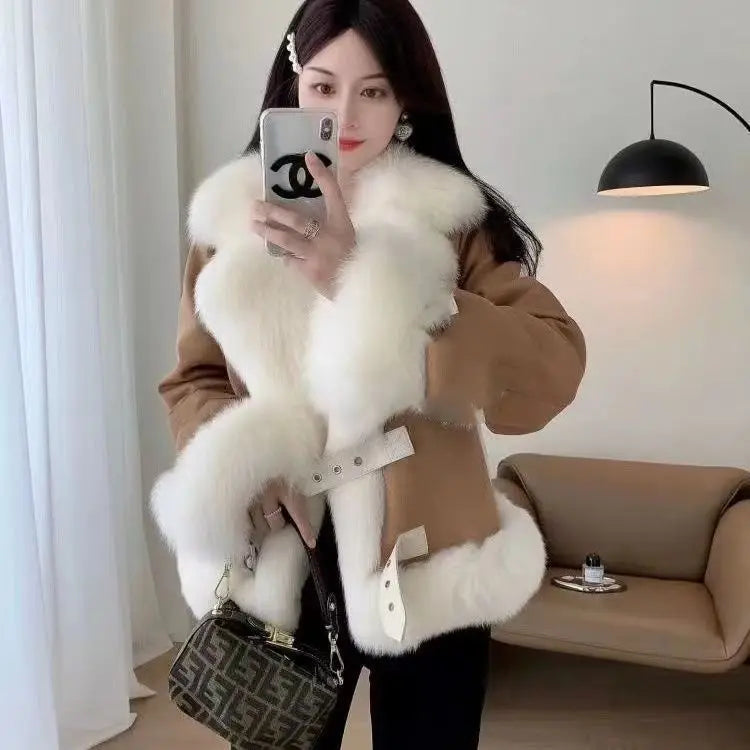 Women Imitation Fox Fur Turn Down Collar Suede Jacket Faux Mink Fur Collar Coat Fur Quilted Coat Cotton Padded Inner Parka Tops