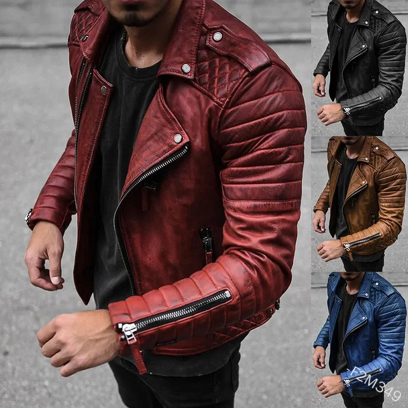 Fashion Leather Coat Men Spring Autumn  Slim Lapel Locomotive Men Leather Jacket Solid Color Long Sleeve PU Brown Leather Jacket