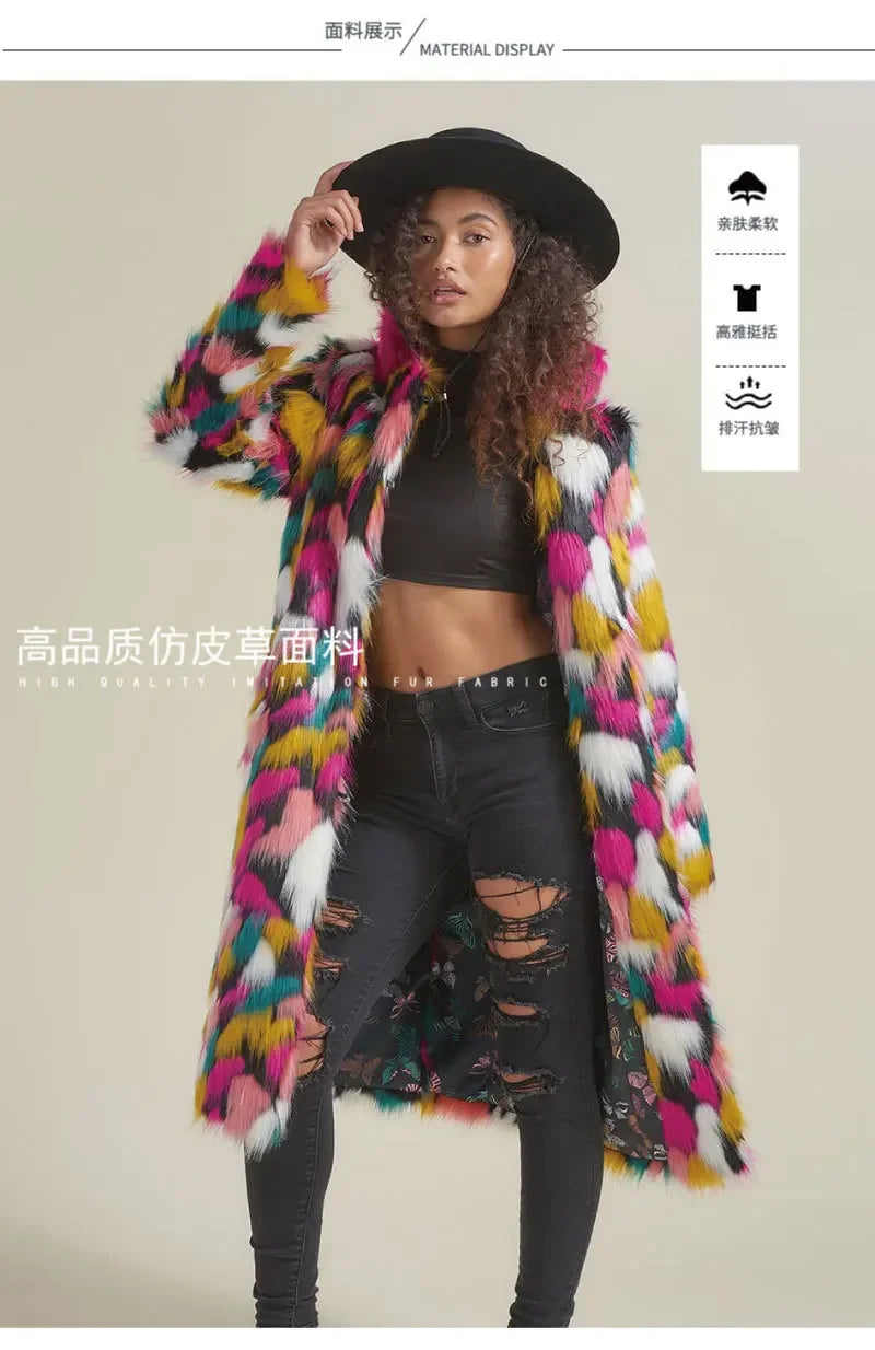 Women Faux Fur Long Coat Rainbow Colorful Faux Fox Fur Autumn Winter Lady Fashion Street Warm Quality 2023 Cloth Lugentolo