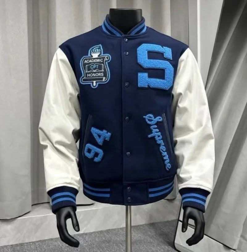 Embroidery Baseball Jacket for Men Streetwear Varisity Jacket Splicing PU Leather Sleeves Women Bomber Jacket Unisex Men Clothes