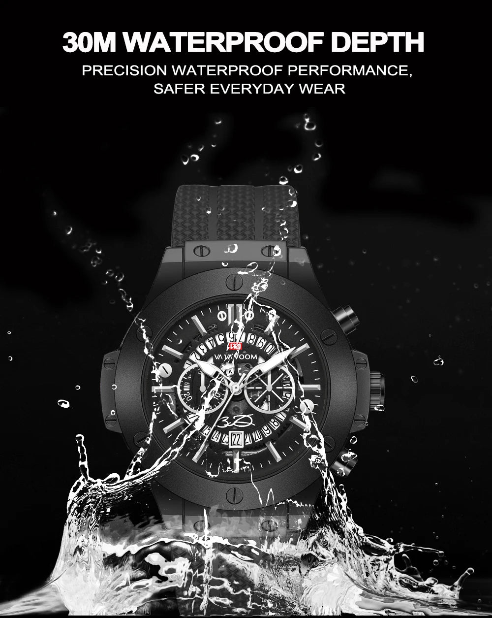 Black Silicone Mens Hand 46mm Hollowed Out Large Dial Rose Gold Fashionable Military Style Original Quartz Movement Sports Watch