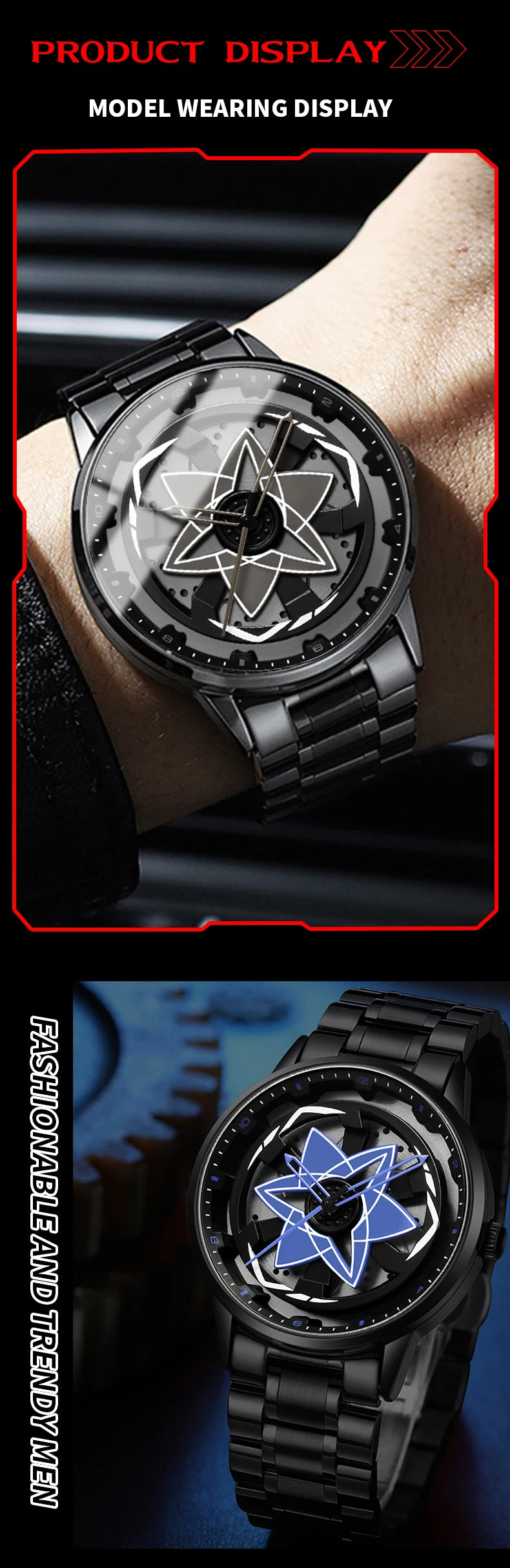 2025 New Watch Car Series Creative Rotating Quartz Movement Sports Style Black Stainless Steel Clock Men Couple Gift Wrist Watch