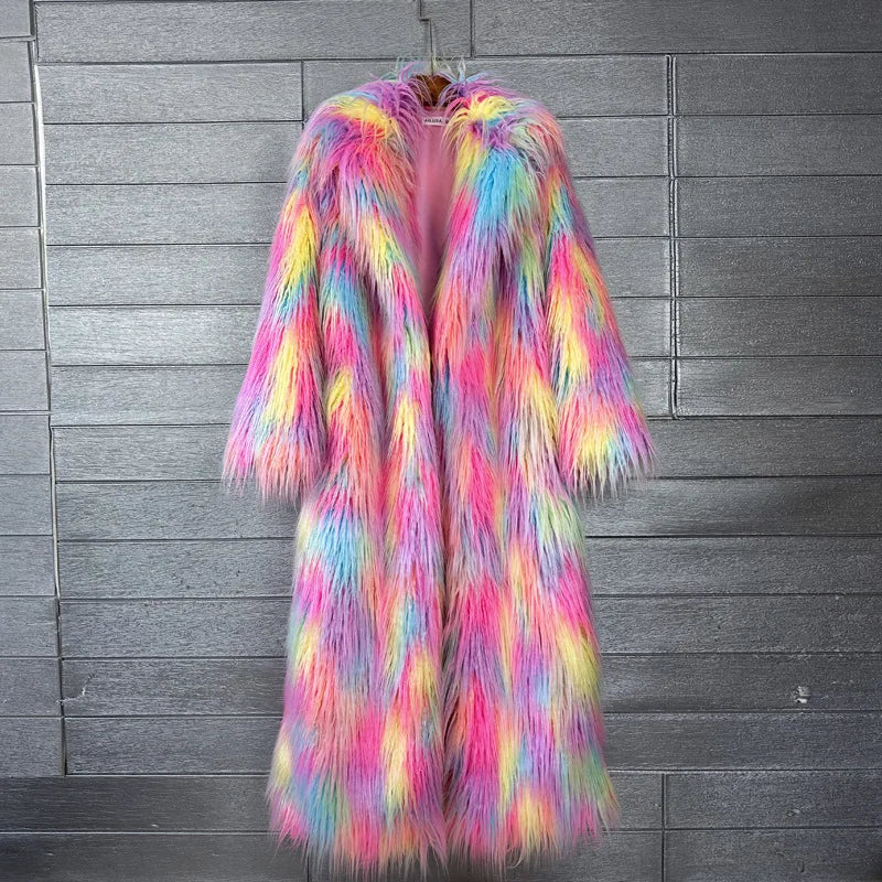 DEAT 2025 Winter New Items Imitation Colorful Long Coat For Women Faux Fur Suit Collar Long Sleeve Trench Jacket Female 11A05577