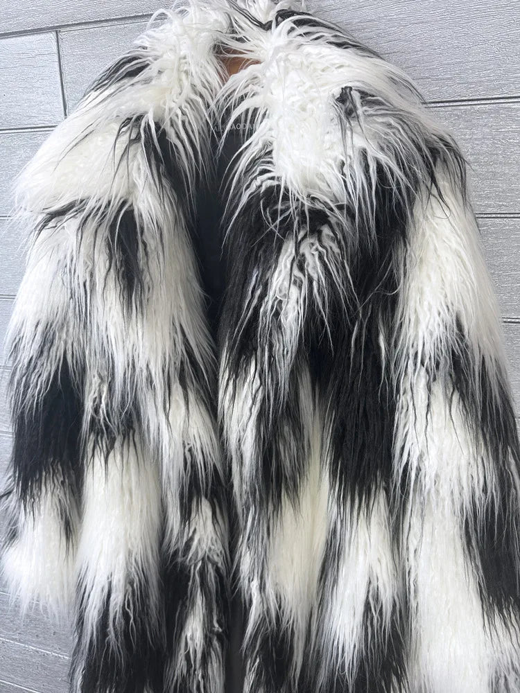 DEAT 2025 Winter New Items Imitation Colorful Long Coat For Women Faux Fur Suit Collar Long Sleeve Trench Jacket Female 11A05577