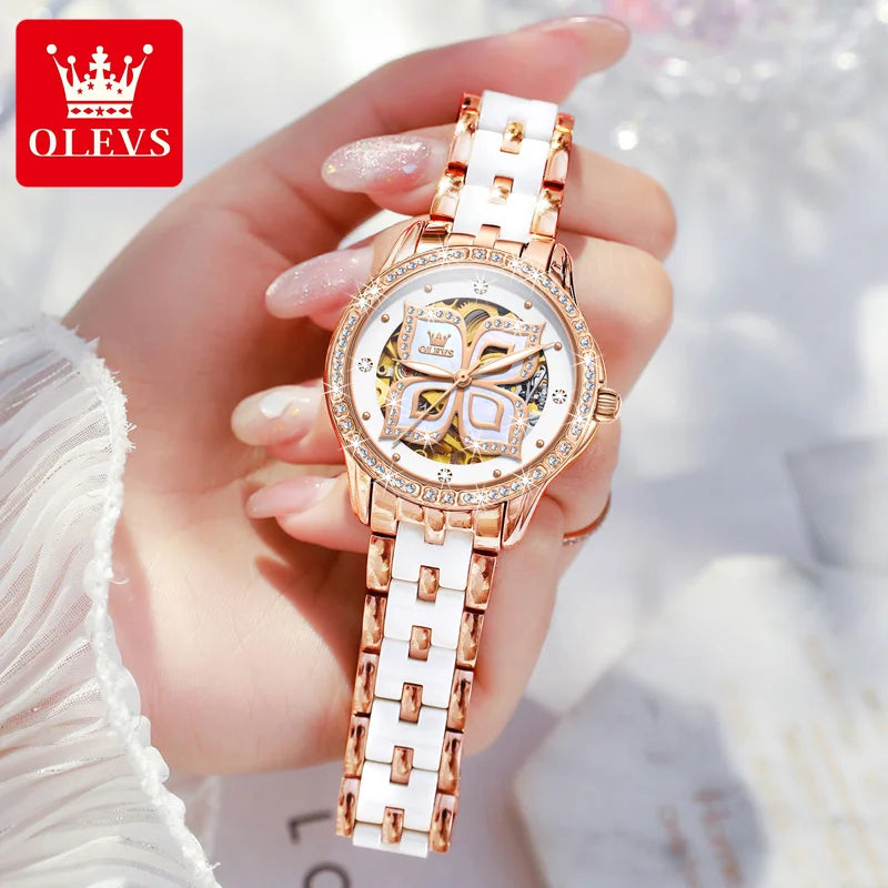 OLEVS 6612 Womens Watch Elegant Fashion Bezel Ceramic Strap Original Mechanical Watch Waterproof Luminous Butterfly Dial Ladies