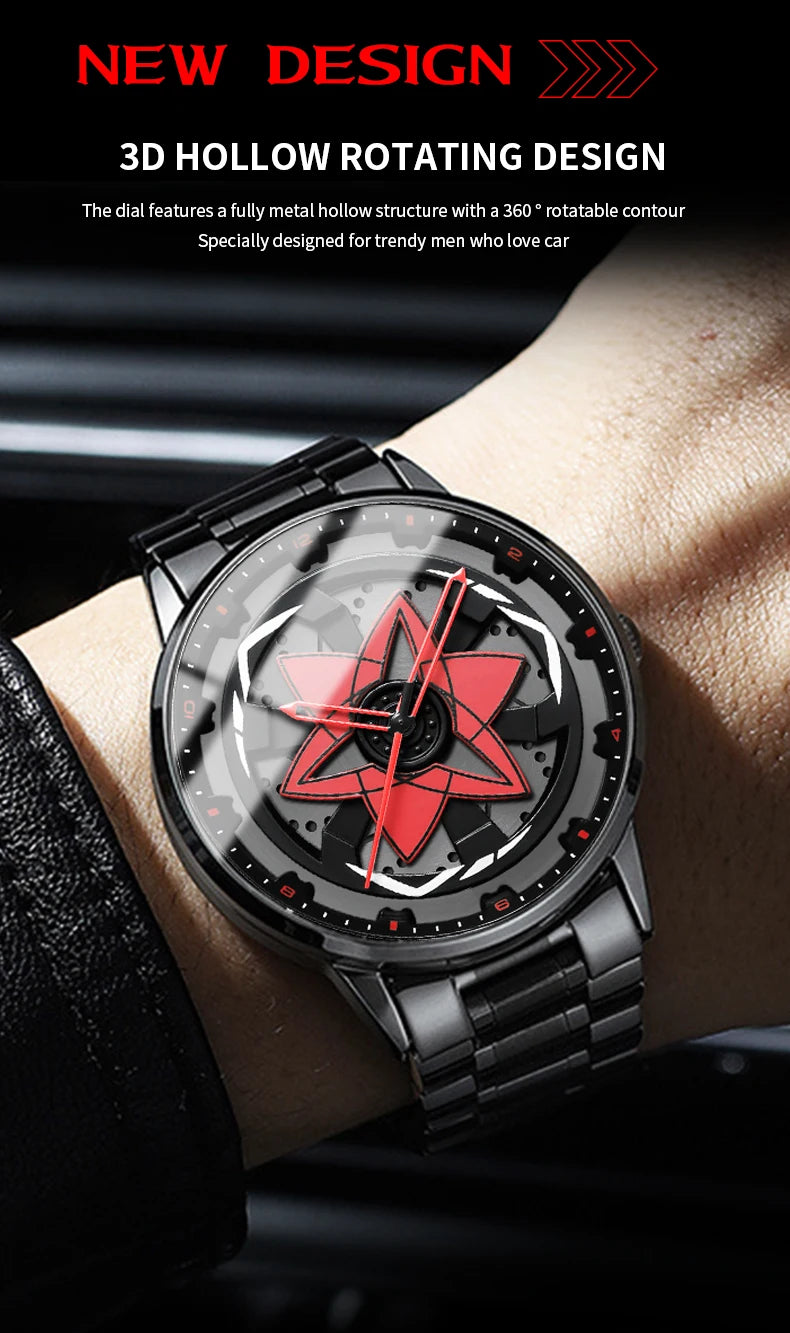 2025 New Watch Car Series Creative Rotating Quartz Movement Sports Style Black Stainless Steel Clock Men Couple Gift Wrist Watch