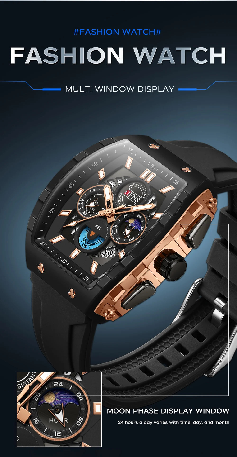 OFNS Fashion Quartz Watches for Man Luminous Waterproof Chronograph Calendar Silicone Strap Outdoor Luxury Sports Men Watch