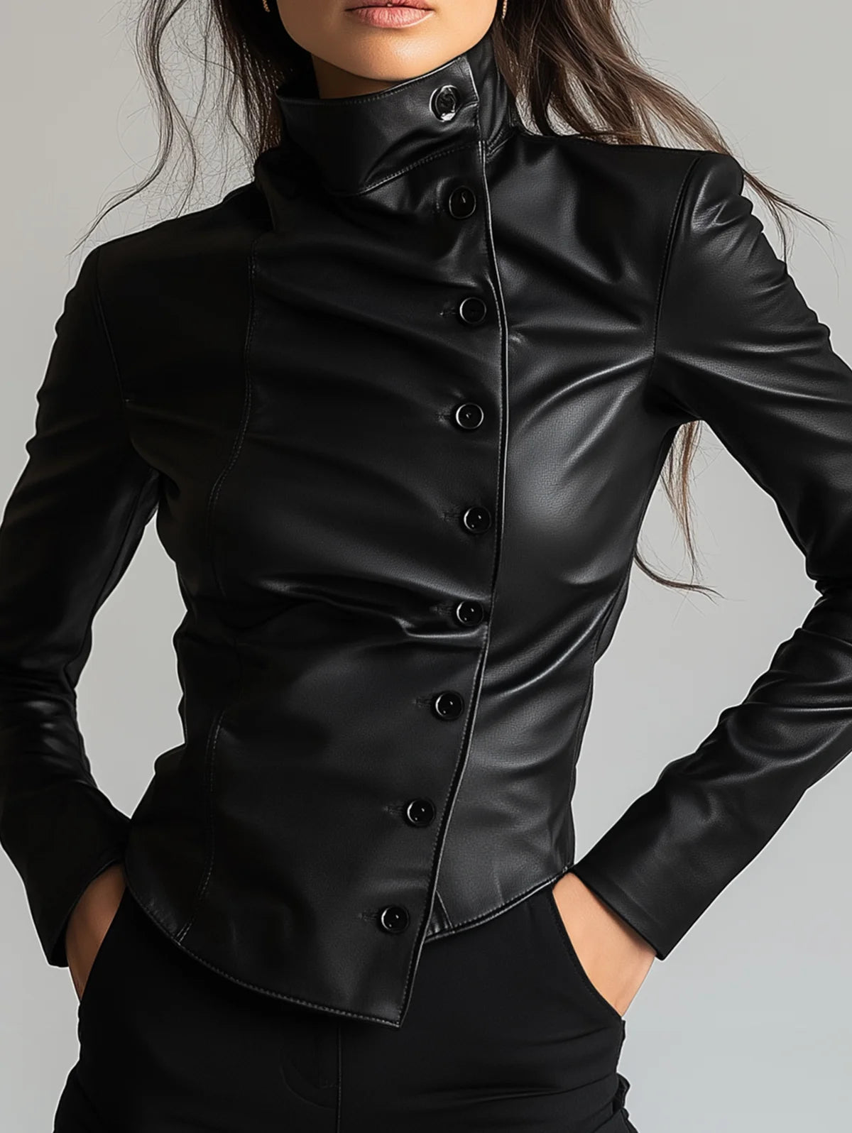 Women's PU Leather High Neck Slant Button Long Sleeve Jacket Black Slim Fit PU Clothes Streetwear Windproof Motorcycle Clothing