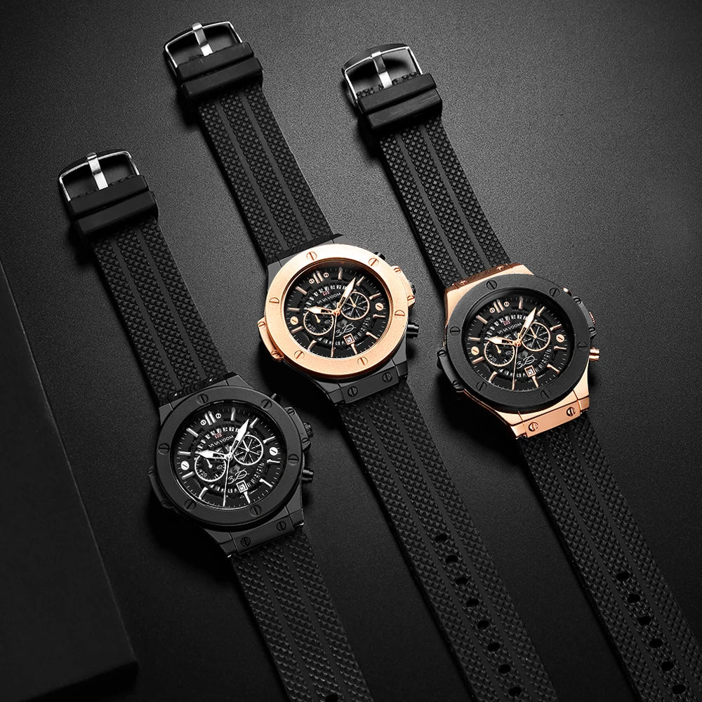 Black Silicone Mens Hand 46mm Hollowed Out Large Dial Rose Gold Fashionable Military Style Original Quartz Movement Sports Watch