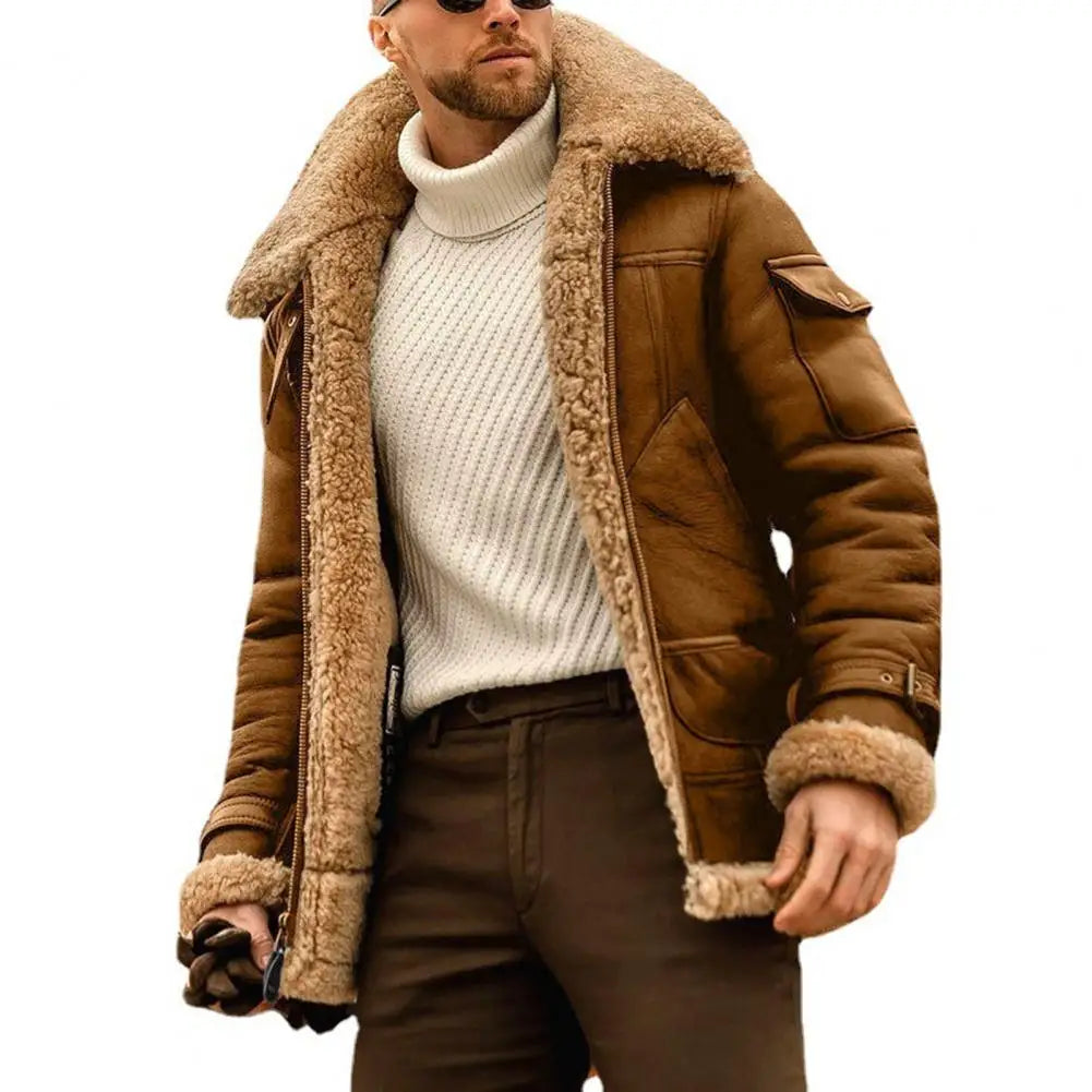 Faux Fur Faux Leather Men Jacket Vintage Lapel Thickened Plush Lining Winter Men Jackets Furry Coldproof Keep Warm Winter Coat