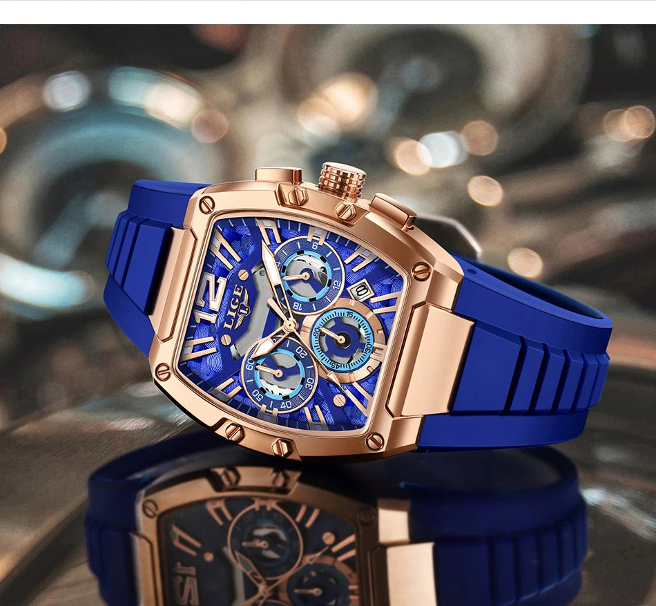 LIGE Sports Man Watch Tonnea Hollow Design Quartz Men Wristwatches Chronograph Waterproof Luminous Silicone Strap Watches Male