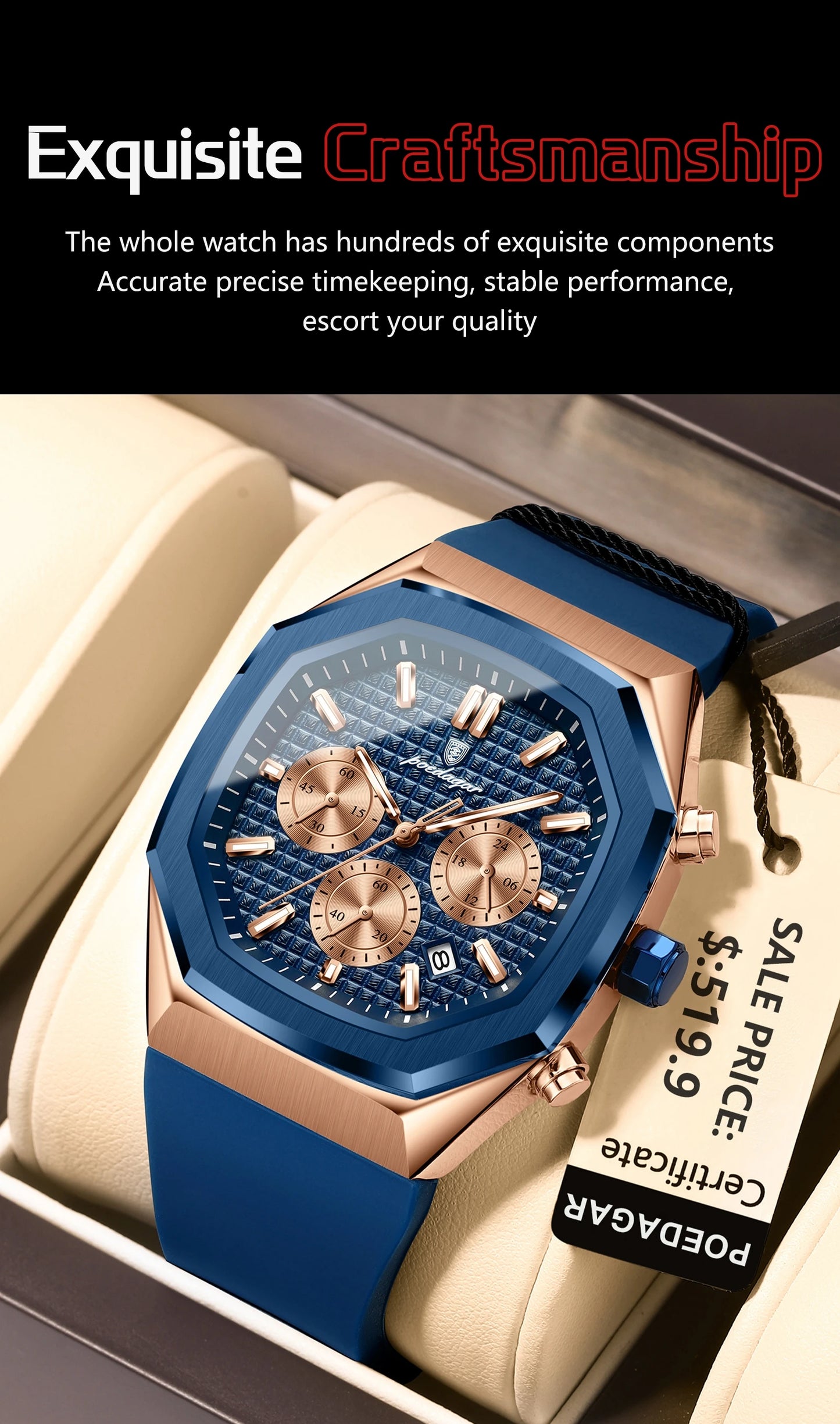 POEDAGAR Business Quartz Men's Wristwatch Chronograph Date Silicone Strap Man Watch Waterproof Military Luminous Watches For Men