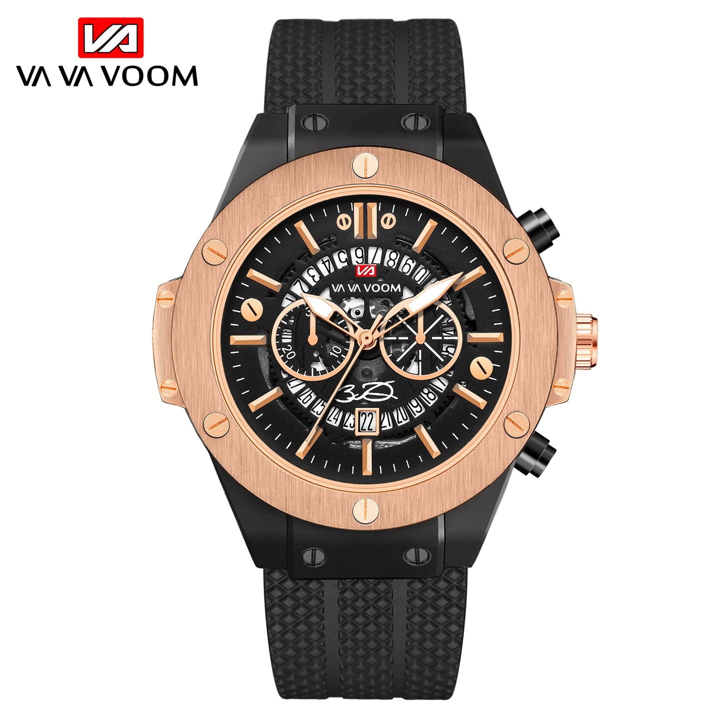 Black Silicone Mens Hand 46mm Hollowed Out Large Dial Rose Gold Fashionable Military Style Original Quartz Movement Sports Watch