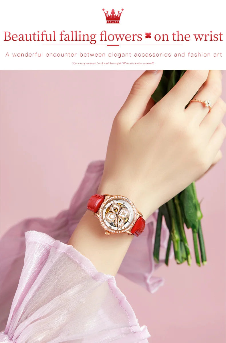 OLEVS 6612 Womens Watch Elegant Fashion Bezel Ceramic Strap Original Mechanical Watch Waterproof Luminous Butterfly Dial Ladies