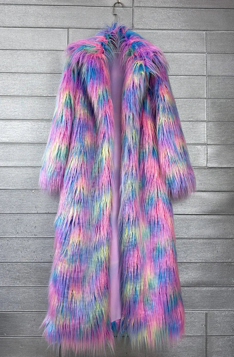 DEAT 2025 Winter New Items Imitation Colorful Long Coat For Women Faux Fur Suit Collar Long Sleeve Trench Jacket Female 11A05577