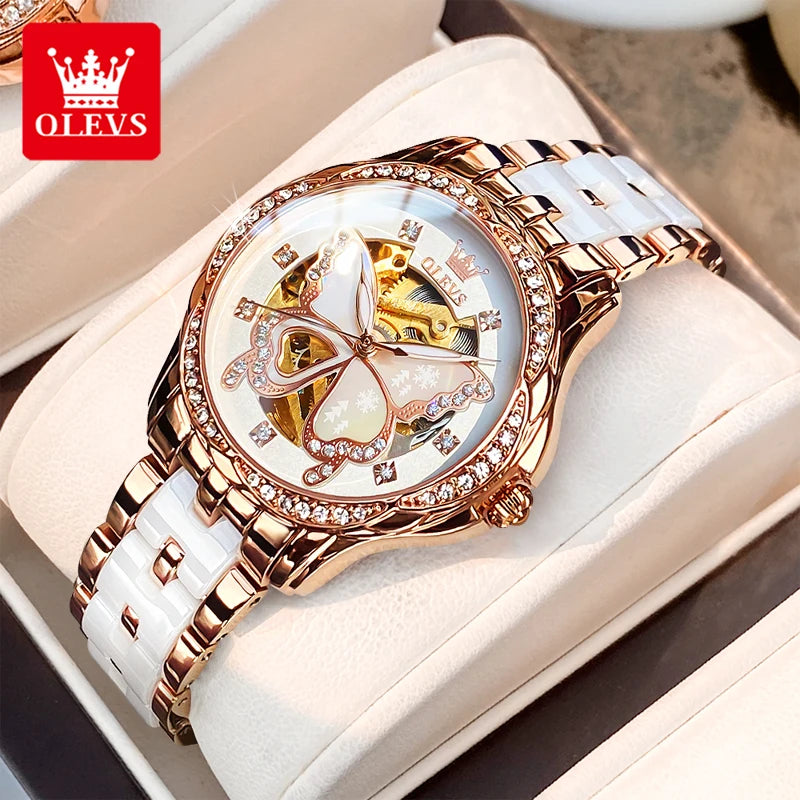 OLEVS 6622 Women's Watch Butterfly Dial Luxury Waterproof Mechanical Watch For Women Hollow Ceramic Strap Automatic Wristwatch