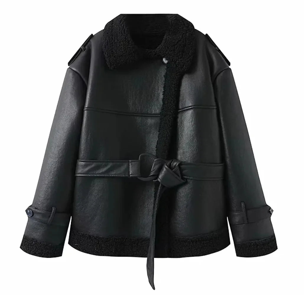 Faux Fur Leather Long Jacket Women Lapel Long Sleeve Belt Thicken Female Coats Winter Fashion Street Patchwork Lady Outwear