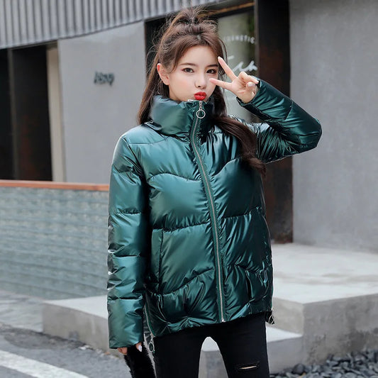 Glossy Down Women's Cotton Jacket Winter Slim Fit Stand Collar Parka Jacket Woman Casual Zipper Up Thick Warm Parkas Mujer